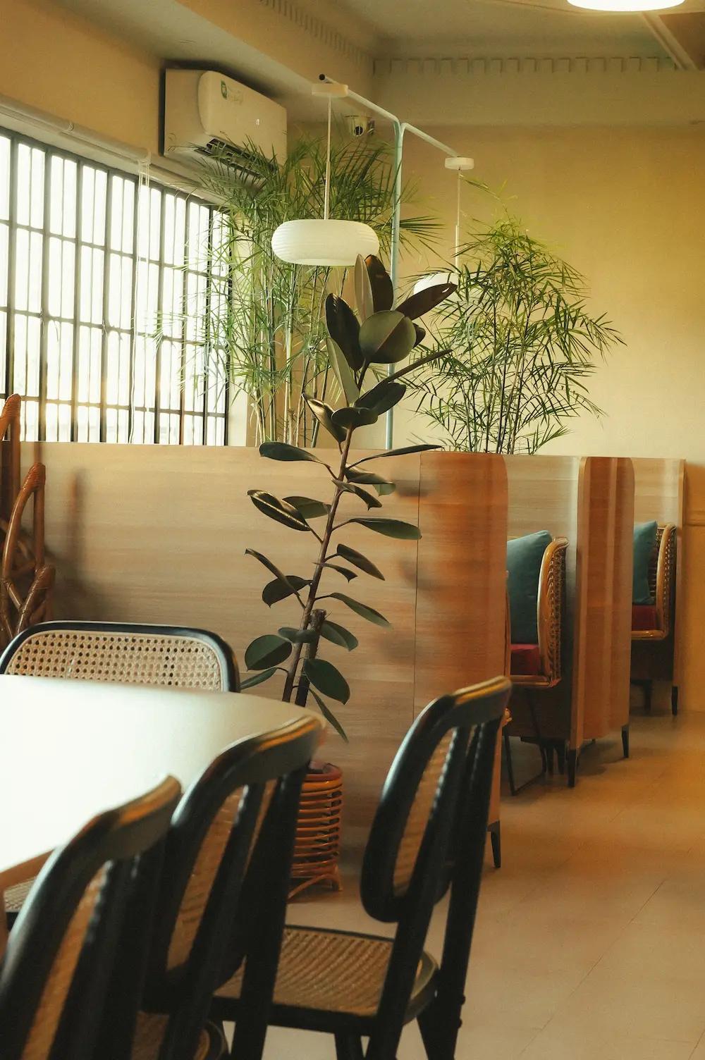 A line of tables and chairs at Tandu Cafe